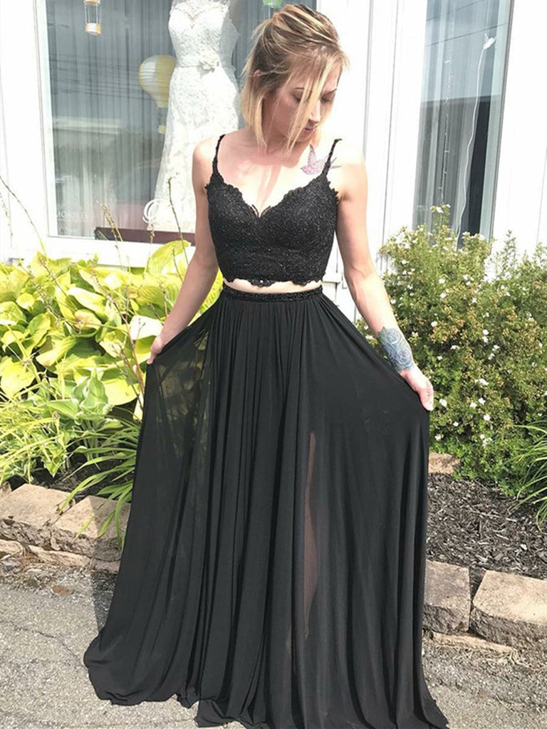 Black Satin Spaghetti Straps Long Prom Dresses, MP859 | Musebridals
